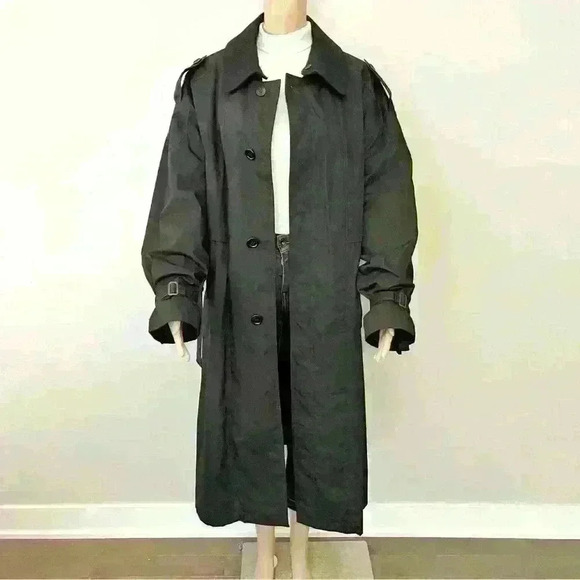 Vintage 90s Oversized Minimalist Unisex Black Belted Long Jacket Trench Coat - Picture 3 of 16